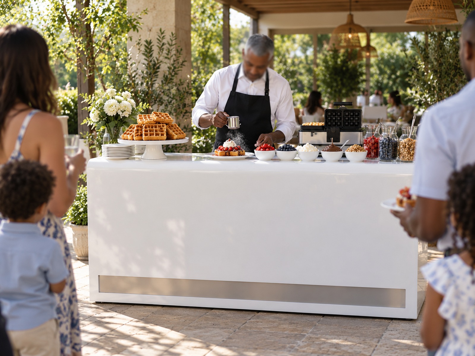 The belgian waffle bar set up and staffed at an event