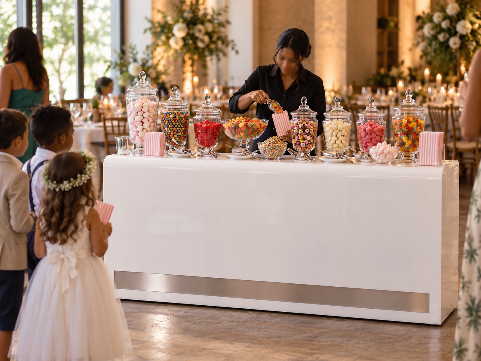 The candy bar set up and staffed at an event