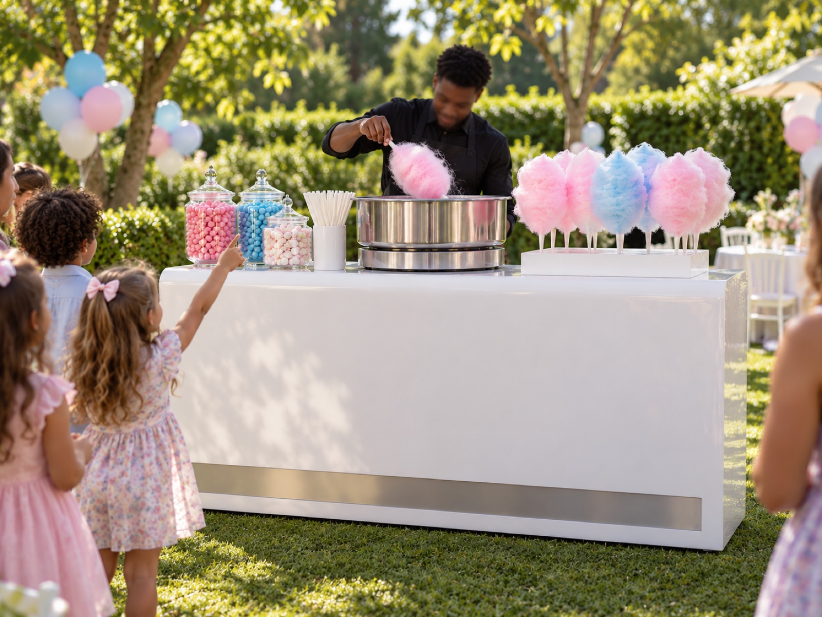 The candyfloss bar set up and staffed at an event
