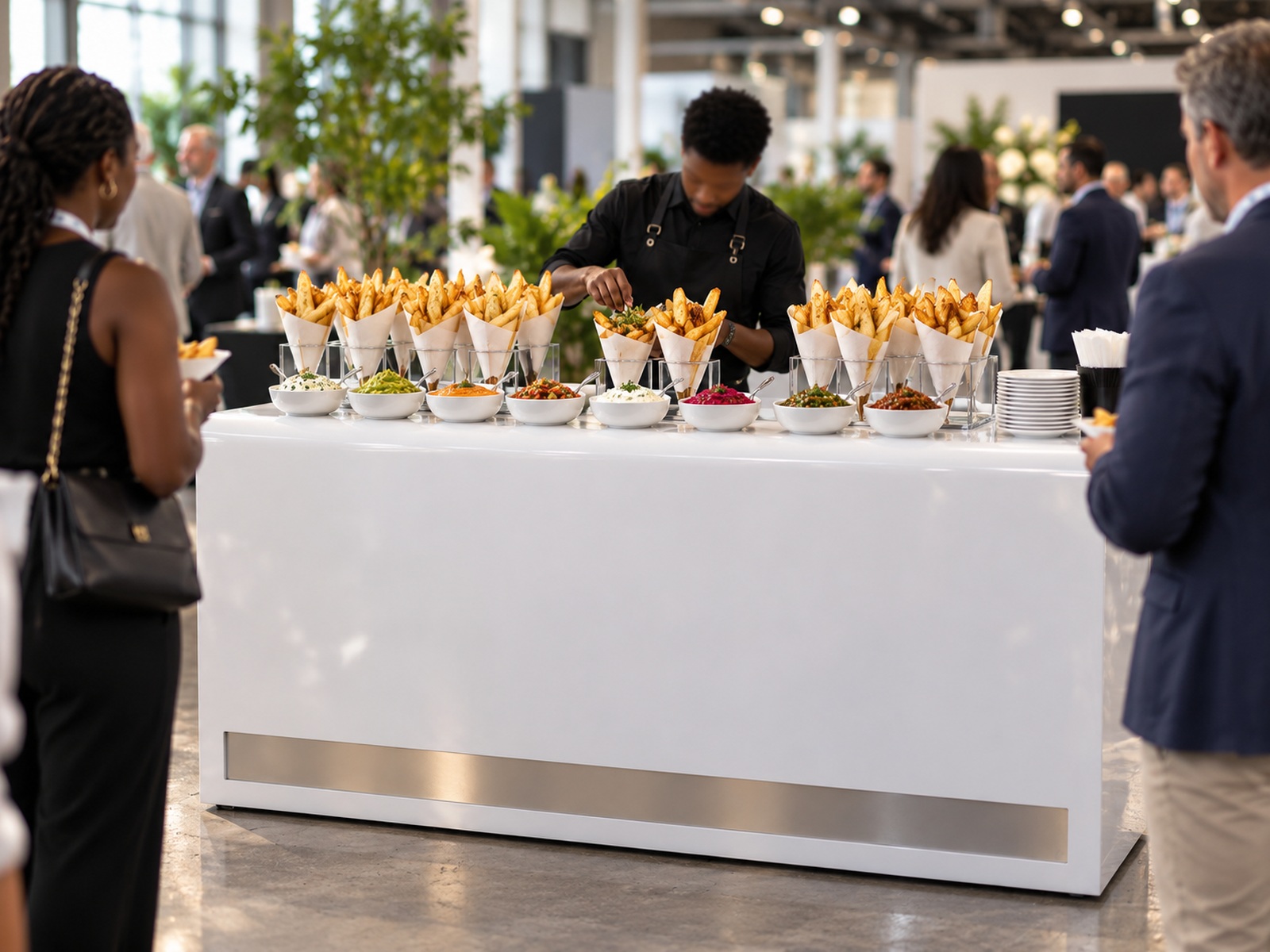 The chip and dip bar set up and staffed at an event