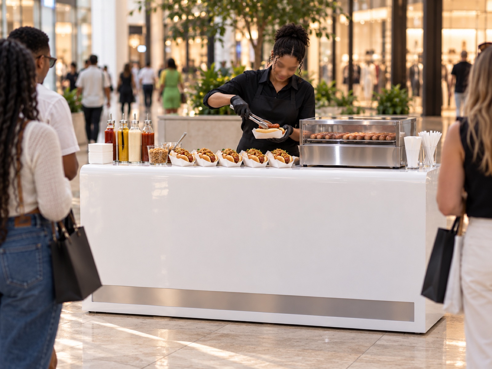 The hot dog bar set up and staffed at an event