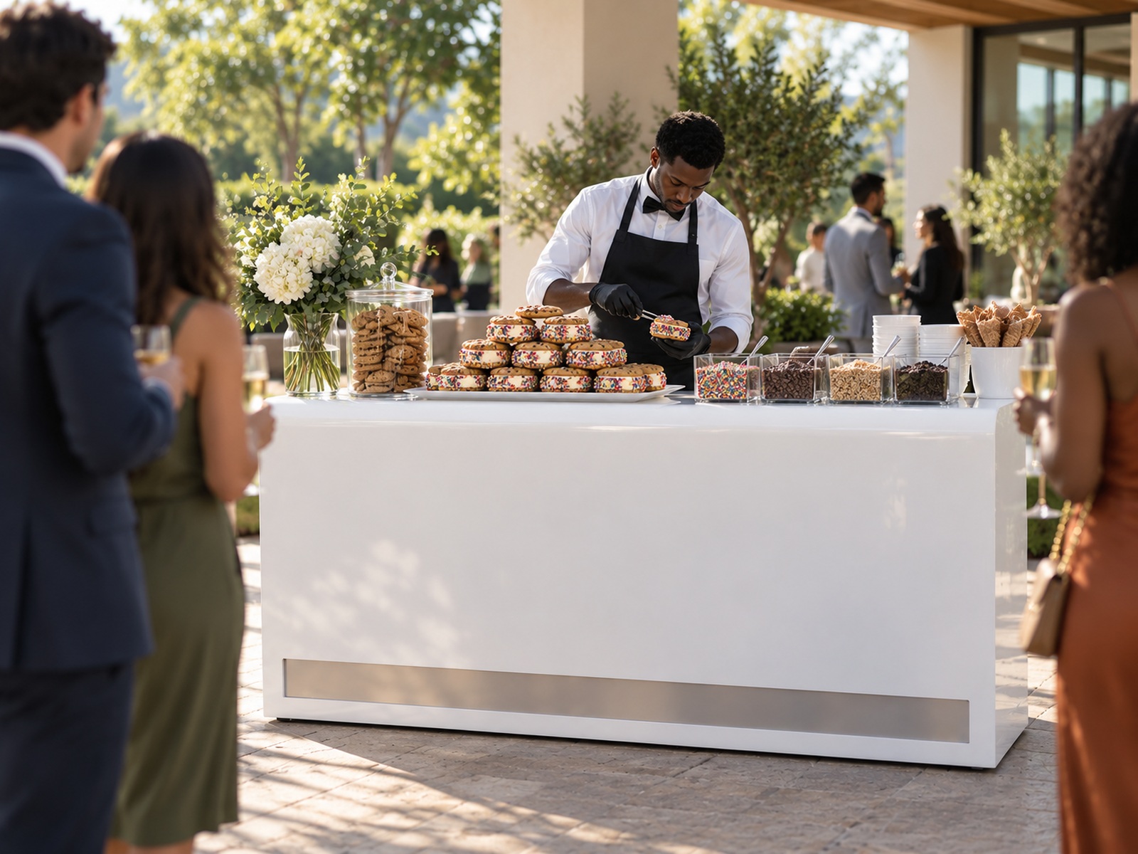 The ice cream sandwich bar set up and staffed at an event