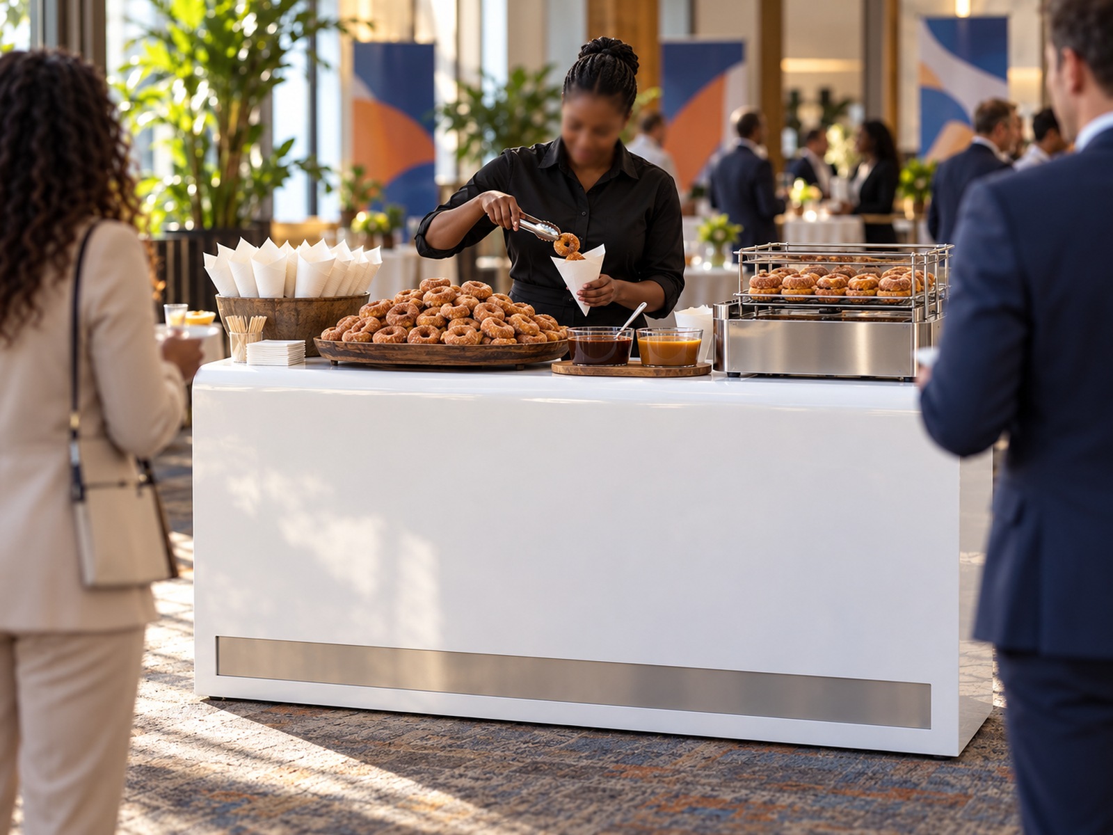 The mini donut bar set up and staffed at an event