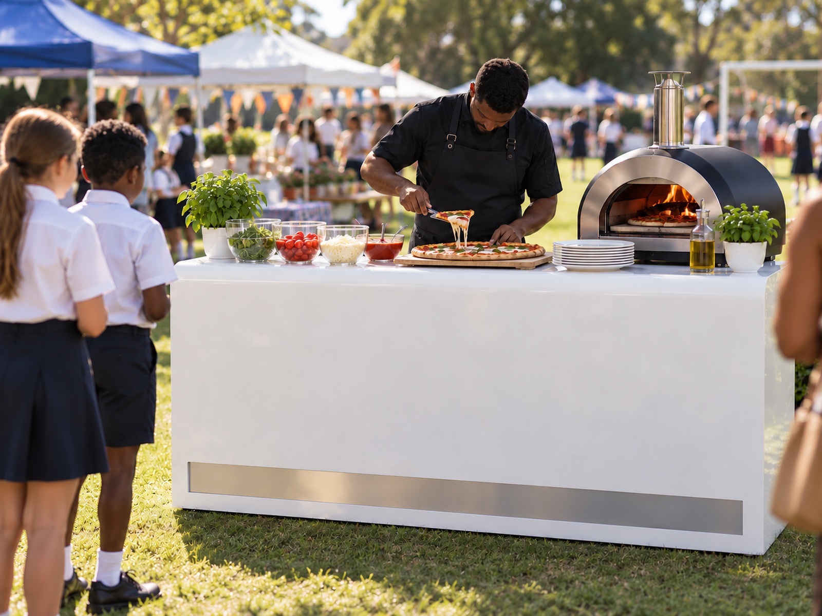 The pizza bar set up and staffed at an event