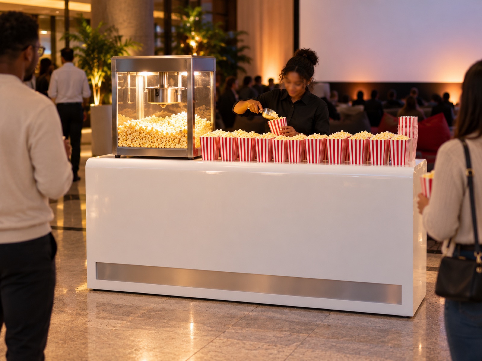 The popcorn bar set up and staffed at an event