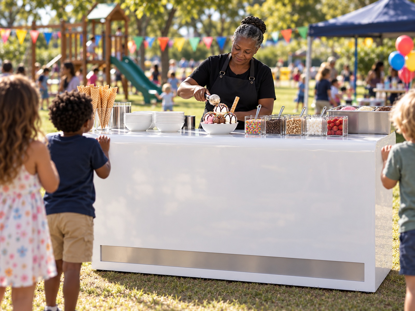 The scoop ice cream bar set up and staffed at an event