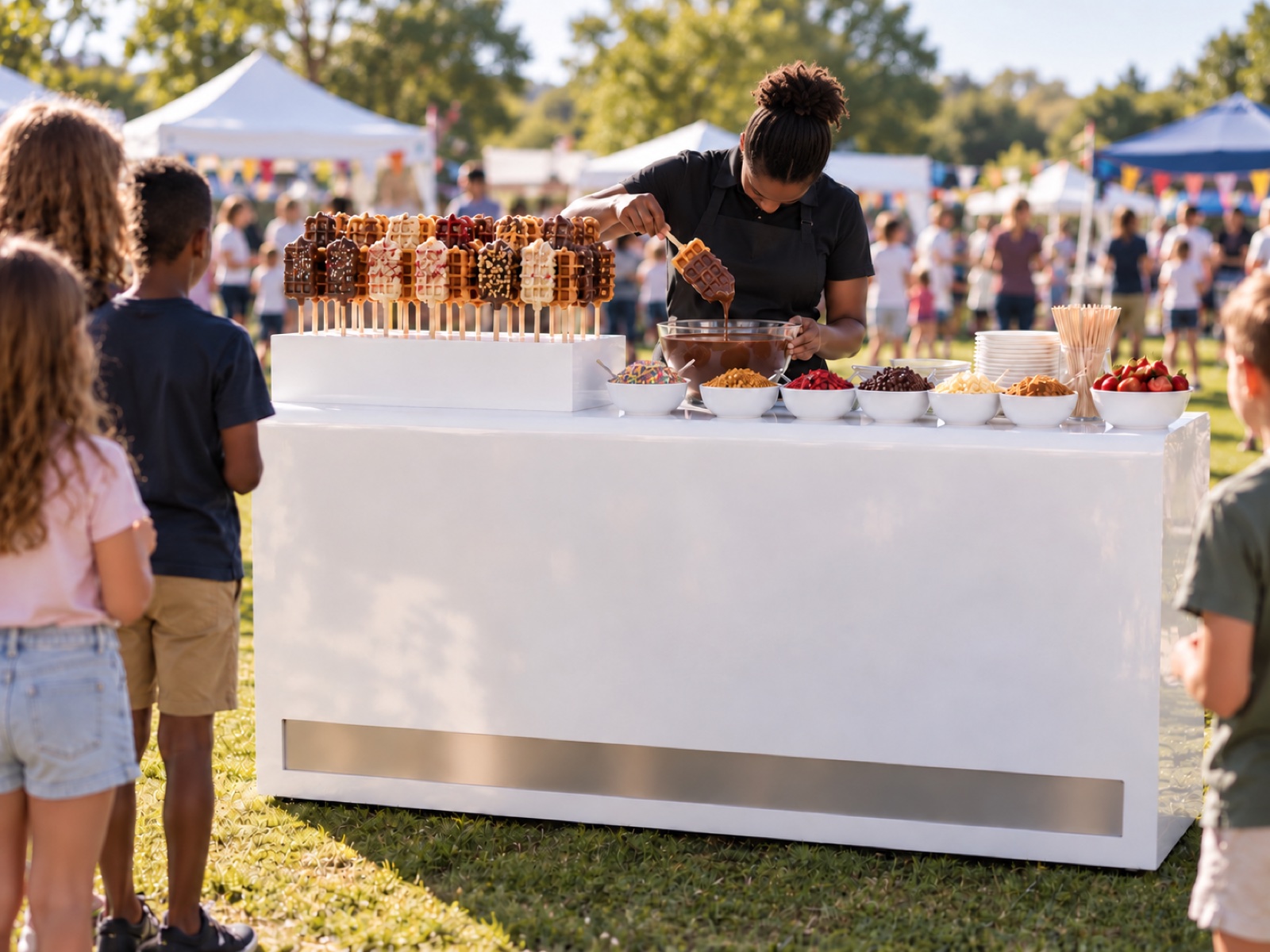 The waffle on a stick bar set up and staffed at an event