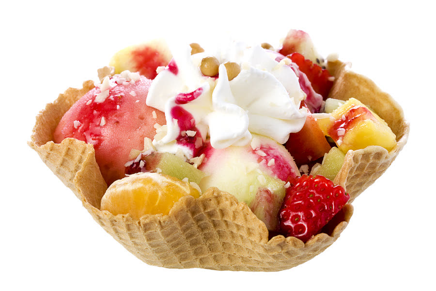 Gelato with fruit in a waffle bowl